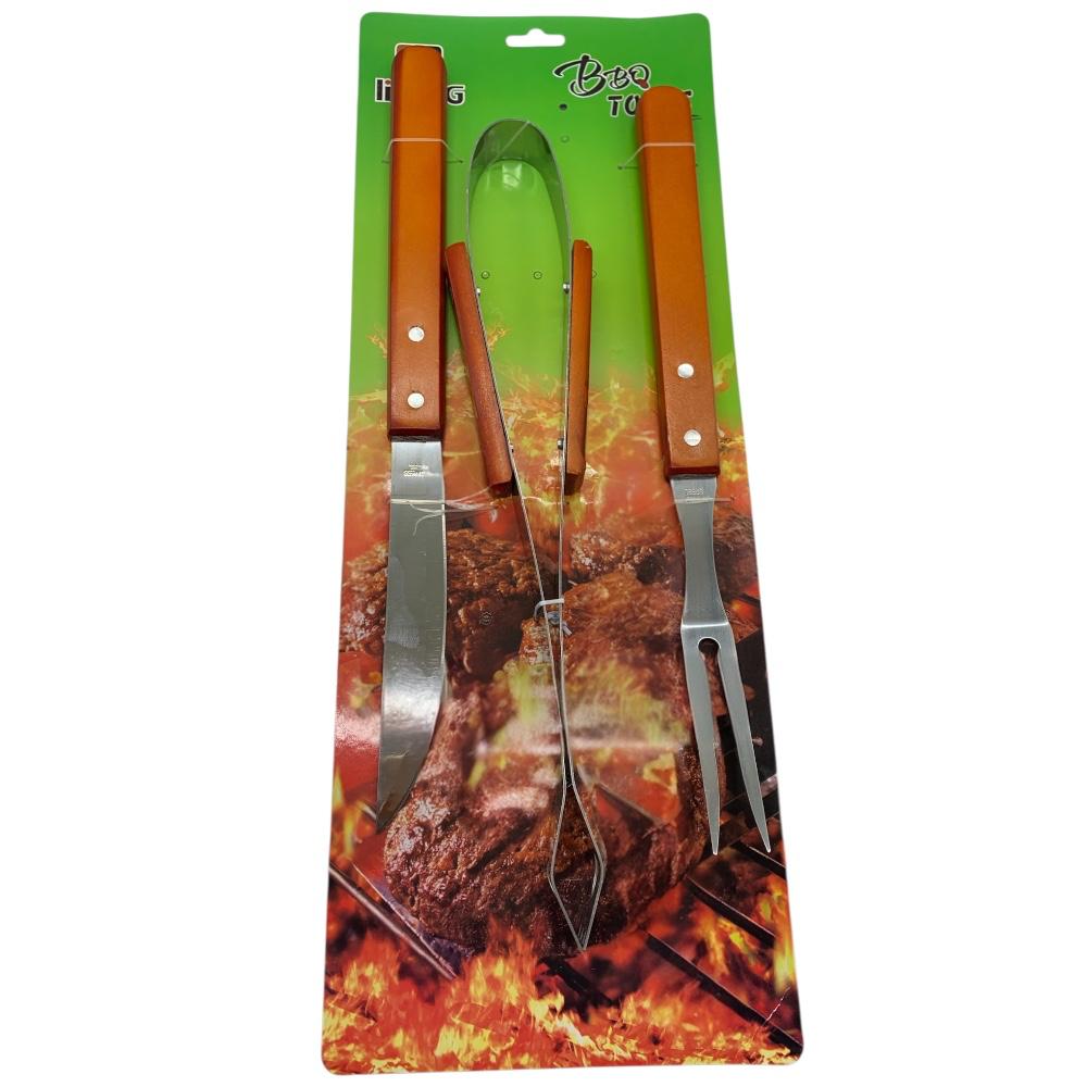 Set Parrillero de 3 Piezas – Acero Inoxidable + Madera