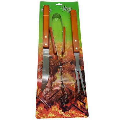 Set Parrillero de 3 Piezas – Acero Inoxidable + Madera